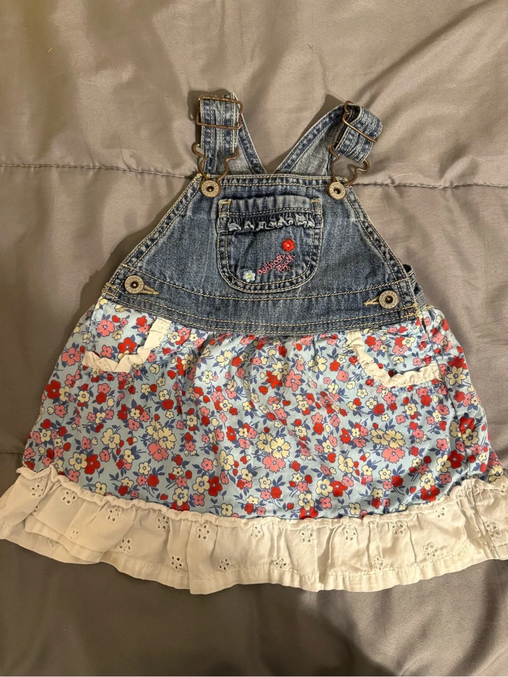 OshKosh B'gosh Blue Denim Floral Skirt-Overalls with White Eyelet Hem
